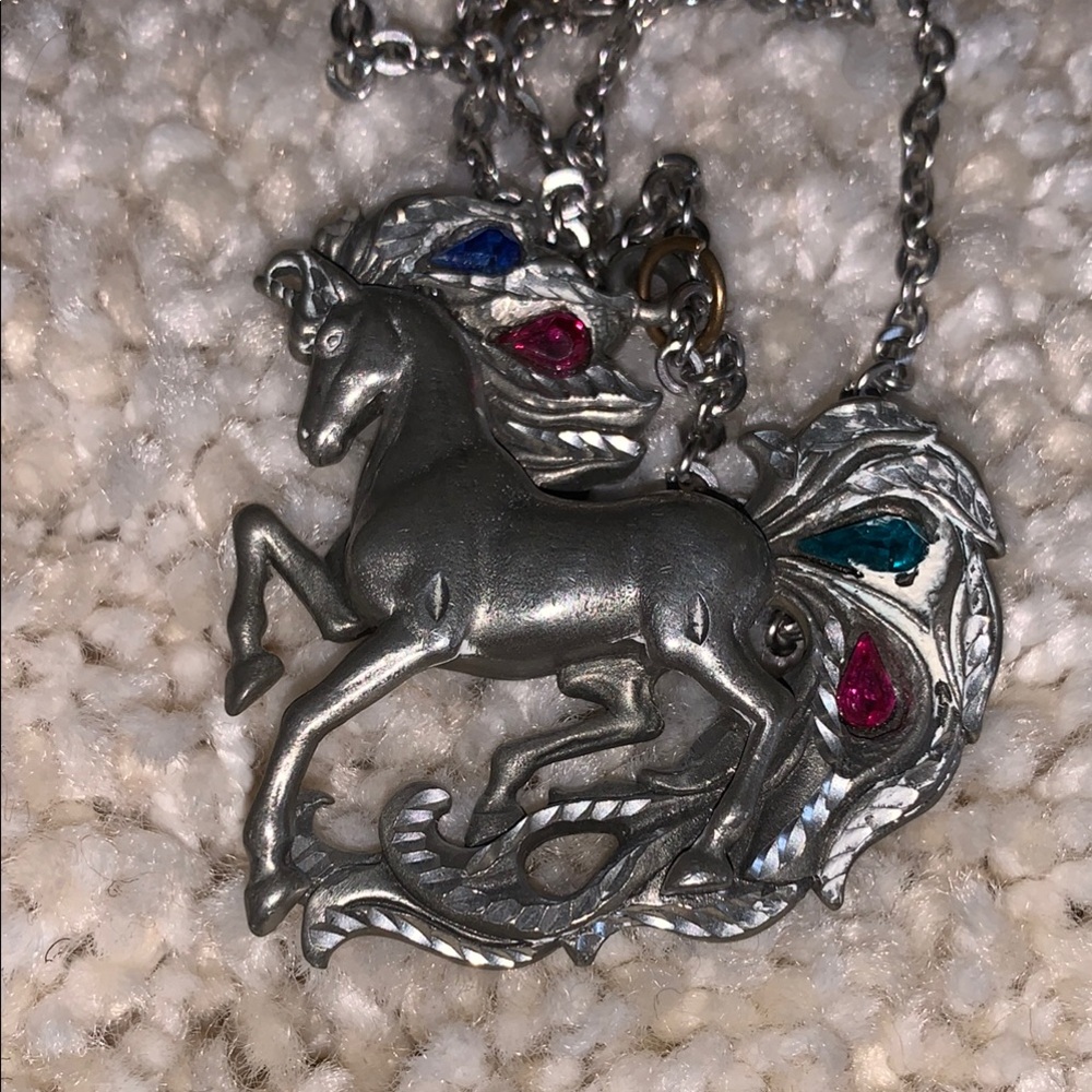 Silver and Red Horse Pendant Necklace with Ornate Design